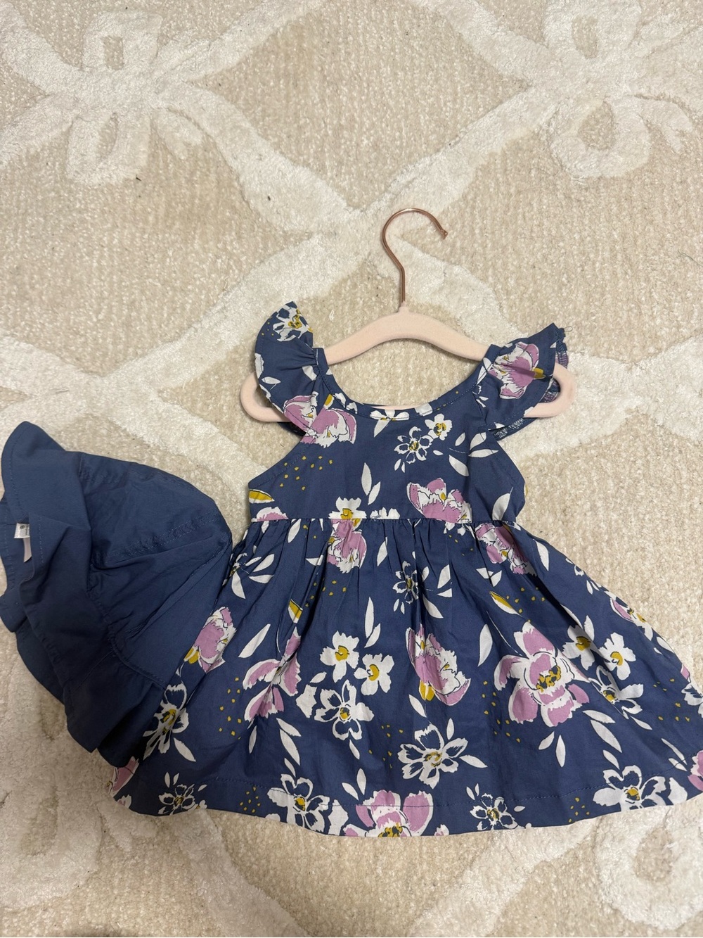Navy Floral Baby Dress with Matching Hat